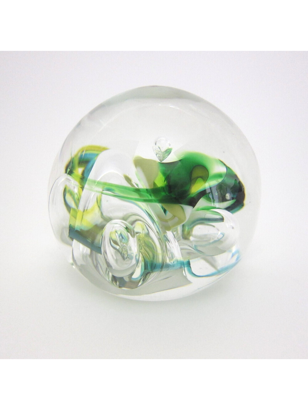 Rollin Karg Signed Handblown Studio Art Glass Paperweight Clear & Green Sphere